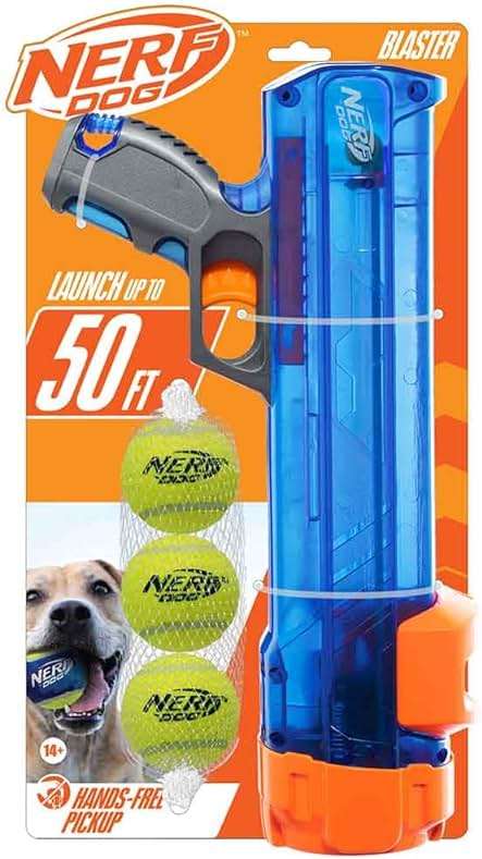 Nerf Dog Tennis Ball Blaster Dog Toy Gift Set, Tennis Ball Dog Fetch Toy Launches up to 50 ft, Dog Ball Thrower for All Breeds Includes Translucent Blue Tennis Ball Launcher and 3 Dog Tennis Balls - Image 1
