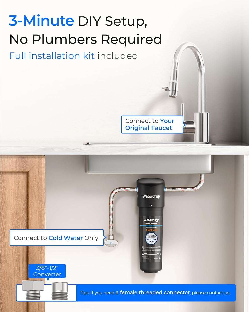 Waterdrop 10UA Under Sink Water Filter System, Reduces PFAS, PFOA/PFOS, Lead, Chlorine, Bad Taste & Odor, Under Counter Water Filter Connects Directly to Your Faucet, NSF/ANSI 42 Certified, 1 Year - Image 8