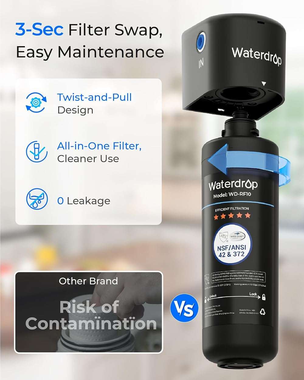 Waterdrop 10UA Under Sink Water Filter System, Reduces PFAS, PFOA/PFOS, Lead, Chlorine, Bad Taste & Odor, Under Counter Water Filter Connects Directly to Your Faucet, NSF/ANSI 42 Certified, 1 Year - Image 9