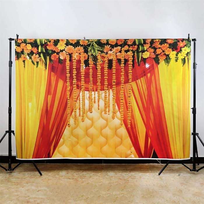 AOFOTO 7x5ft Indian Wedding Photo Backdrop Hindu India Traditional Festival Puja Pooja Diwali Background for Photography Yellow Red Curtains Marigold Flowers Party Decoration Banner Celebration Props - Image 2