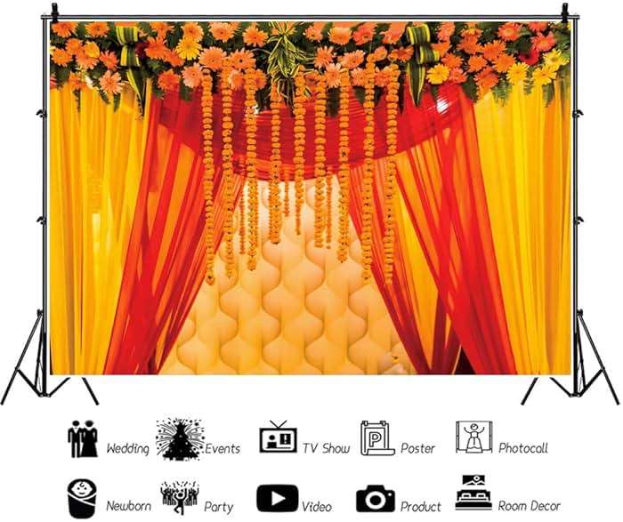 AOFOTO 7x5ft Indian Wedding Photo Backdrop Hindu India Traditional Festival Puja Pooja Diwali Background for Photography Yellow Red Curtains Marigold Flowers Party Decoration Banner Celebration Props - Image 3