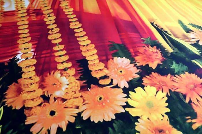 AOFOTO 7x5ft Indian Wedding Photo Backdrop Hindu India Traditional Festival Puja Pooja Diwali Background for Photography Yellow Red Curtains Marigold Flowers Party Decoration Banner Celebration Props - Image 6