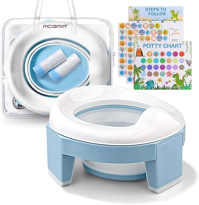 MCGMITT Potty Training Toilet Seat for Toddlers Boys Girls, Portable Baby Toilet Soft EVA Folding Kids Potty Chair Cover with Splash Guard for Travel, Including 3 Non-Slip Feet and Storage Bag (Blue) - Image 1