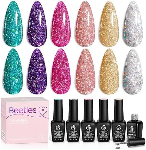 Beetles Glitter Gel Polish, 6 Pcs Pink Silver Platinum Gel Polish Kit Soak off Uv Lamp Shimmer Purple Pink Green Gold Glitter Nail Polish Kit Holiday Spring Gift Design for Party - Product Image