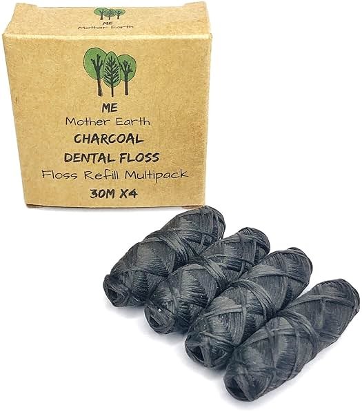 Vegan Biodegradable Bamboo Charcoal Dental Floss Refill Refill | Natural Candelilla Wax | 30M x4 | Peppermint Essential Oil | Eco Friendly Zero Waste Oral Care | 4 Pack - Product Image