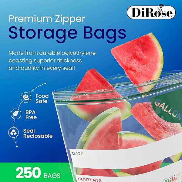 DiRose Gallon Bags Pack of 250 – 1 Gallon Reclosable Storage Bags – Practical and Durable Design – Food Safe Non-BPA Material – Easy Zip Closure – Ideal for Food, Snacks, Dog Treats, Organizing - Image 4