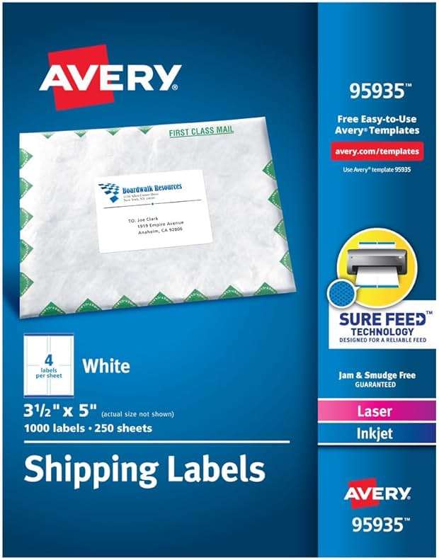 Avery Shipping Address Labels, Laser & Inkjet Printers, 1,000 Labels, 3-1/2 x 5, Permanent, 2 Packs (95935) - Image 1