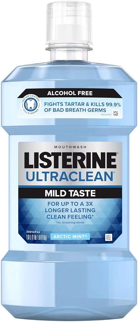 Listerine Ultraclean Alcohol-Free Mild Mouthwash + Whitening Protection*, Alcohol Free Tartar Control Oral Rinse Provides Fresh Breath. Mild Arctic Mint Flavor, 1L - Image 1