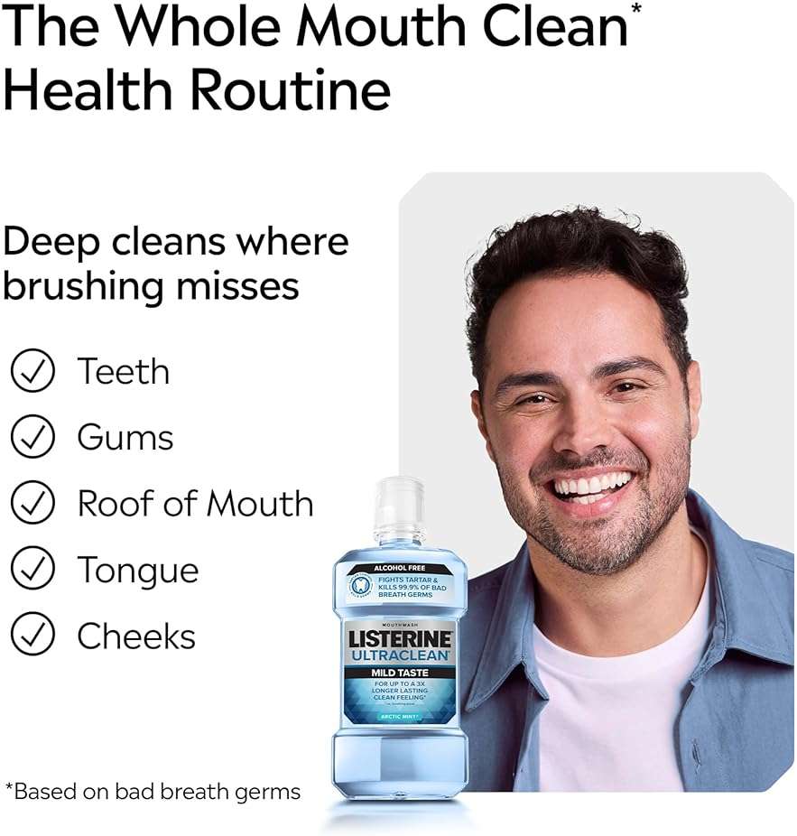 Listerine Ultraclean Alcohol-Free Mild Mouthwash + Whitening Protection*, Alcohol Free Tartar Control Oral Rinse Provides Fresh Breath. Mild Arctic Mint Flavor, 1L - Image 5