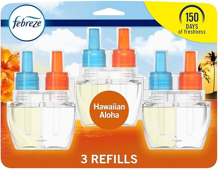 Febreze Plug in Air Freshener, Odor-Fighting Scented Oil Refill, Air Fresheners for Home and Bathroom and Kitchen, Long Lasting for Strong Odors, Hawaiian Aloha Scent, 0.87oz Refills, 3 Count - Product Image