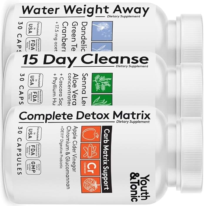 Youth & Tonic 3pk Detox Cleanse Weight Loss - Colon Cleanse & Water Pills - 15 Day Kick-Off for Belly Bloating & Water Retention Relief, Full Body, Gut & Colon Cleanser - 90 Capsules for Women & Men - Product Image