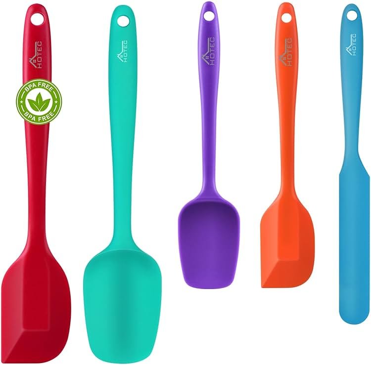 HOTEC Heat Resistant 600℉ Food Grade Silicone Rubber Spatula Set for Baking, Cooking, and Mixing Non Stick Dishwasher Safe BPA-Free Multicolor Set of 5 - Product Image