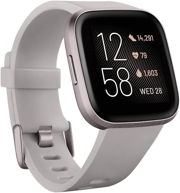 Fitbit Versa 2 Health & Fitness Smartwatch with Heart Rate, Music, Alexa Built-in, Sleep & Swim Tracking, Stone/Mist Grey, One S (Renewed) - Product Image