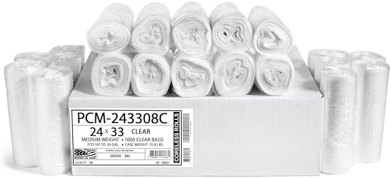 Aluf Plastics 12-16 Gallon Clear Trash Bags (1000 Count) - 24" x 33" - PCM Series Premium High Density 8 Micron Equivalent Garbage Bags for Bathroom, Office, Industrial, Commercial, Janitorial - Product Image