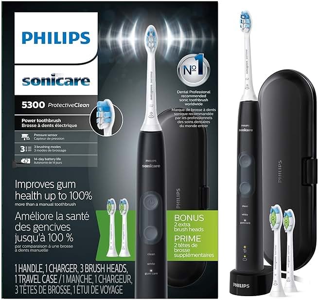 Philips Sonicare ProtectiveClean 5300 Rechargeable Electric Toothbrush, with Pressure Sensor, 3 Cleaning Modes, SmarTimer and QuadPacer, with 2 Bonus Brush Heads, Travel Case, Black, Model HX6423/34 - Product Image