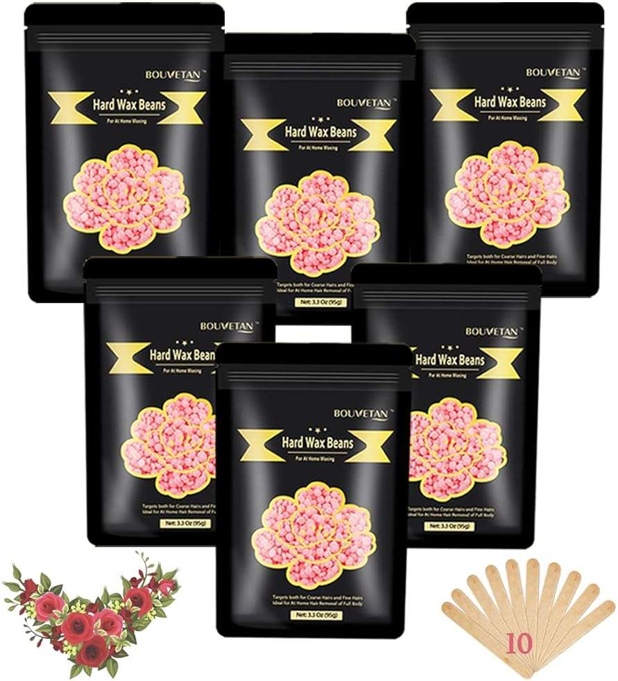 Bouvetan Hard Wax Beads 1.3Lb/21oz for Brazilian, Eyebrow, Bikini, Face, Arms, and Legs Waxing - 6 Packs with 10 Wax Spatulas for Women and Men - Image 1