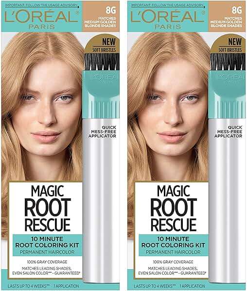 L'Oreal Paris Magic Root Rescue 10 Minute Root Hair Coloring Kit, Permanent Hair Color with Quick Precision Applicator, 100% Gray Coverage, 8G Medium Golden Brown, 2 count - Image 1