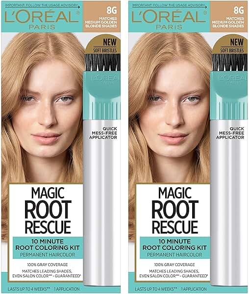 L'Oreal Paris Magic Root Rescue 10 Minute Root Hair Coloring Kit, Permanent Hair Color with Quick Precision Applicator, 100% Gray Coverage, 8G Medium Golden Brown, 2 count - Product Image