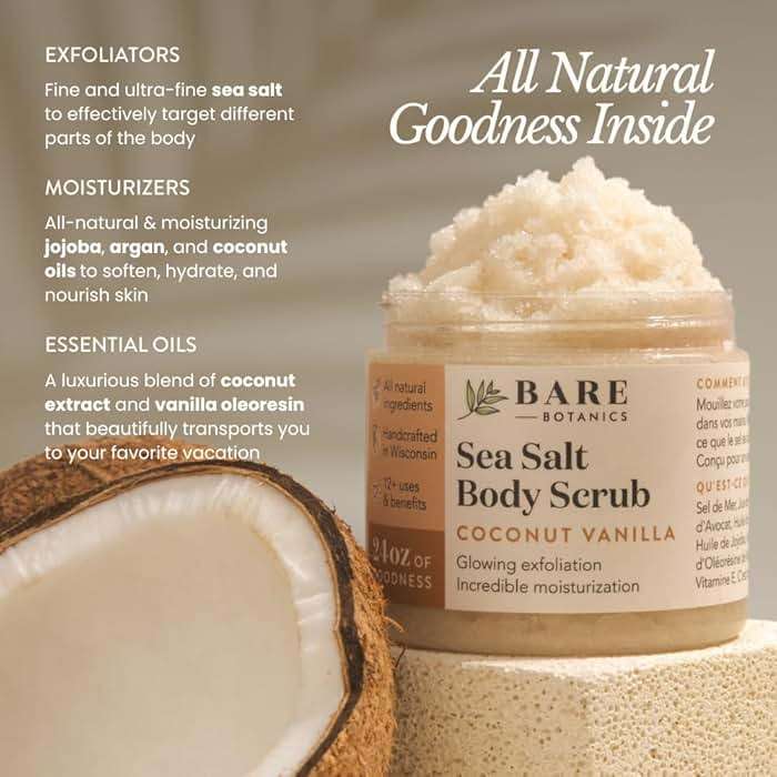 Bare Botanics Coconut Vanilla Body Scrub 24oz | Made in Madison, WI | All Natural Sea Salt Exfoliator w/ Skin Loving Moisturizers | Vegan & Cruelty Free | Gift Ready Packaging w/ a Cute Wooden Spoon - Image 2