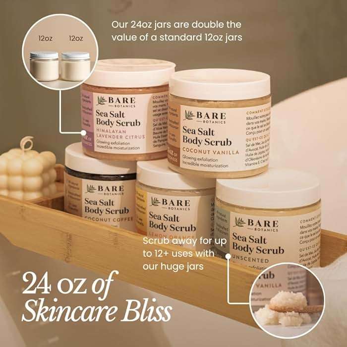 Bare Botanics Coconut Vanilla Body Scrub 24oz | Made in Madison, WI | All Natural Sea Salt Exfoliator w/ Skin Loving Moisturizers | Vegan & Cruelty Free | Gift Ready Packaging w/ a Cute Wooden Spoon - Image 4