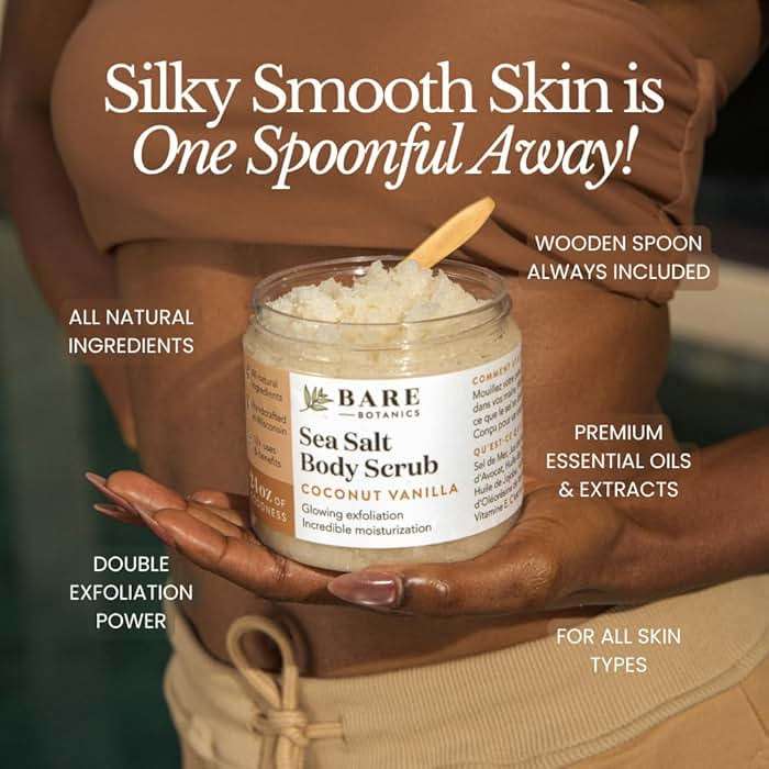 Bare Botanics Coconut Vanilla Body Scrub 24oz | Made in Madison, WI | All Natural Sea Salt Exfoliator w/ Skin Loving Moisturizers | Vegan & Cruelty Free | Gift Ready Packaging w/ a Cute Wooden Spoon - Image 5