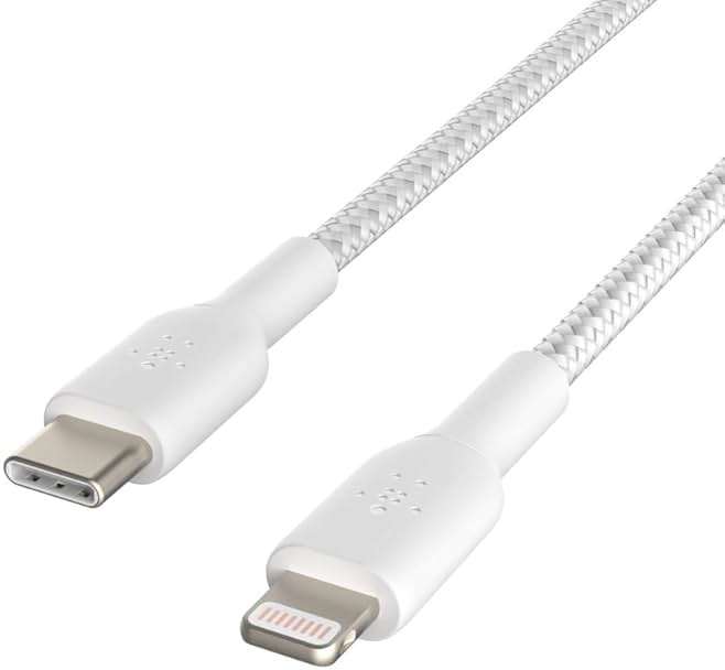 Belkin BoostCharge Nylon Braided USB C to Lightning Cable 6.6ft/2M - MFi Certified 18W Power Delivery iPhone Charger Cord - Apple Charger USB C Cable - Fast Charging for iPhone 14, iPhone 13 - White - Image 1