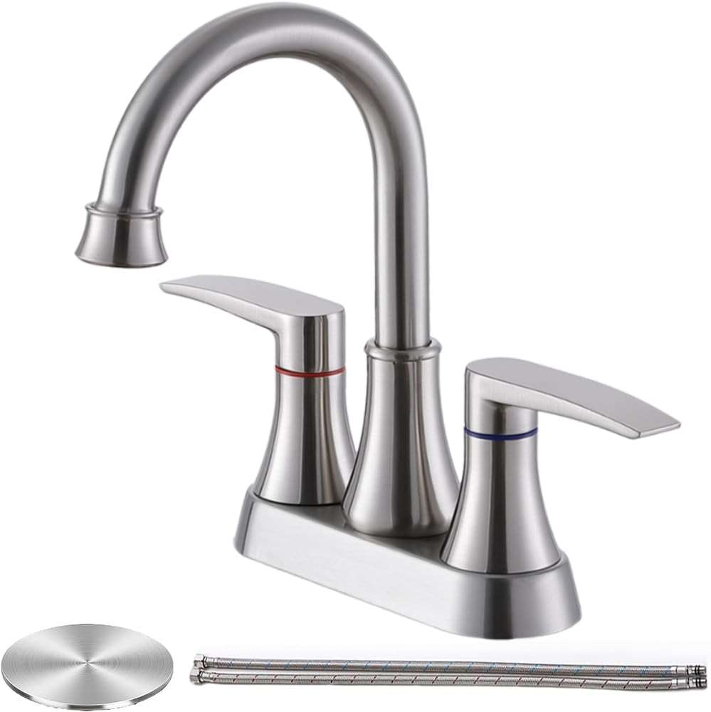 Brushed Nickel Bathroom Faucet, 2-Handle Lead-Free 360° Swivel High-Arc Spout 4 Inch Centerset Bath Lavatory Vanity Sink Faucets Set for Sinks with Drain & Water Hoses, VABM80008L - Image 1