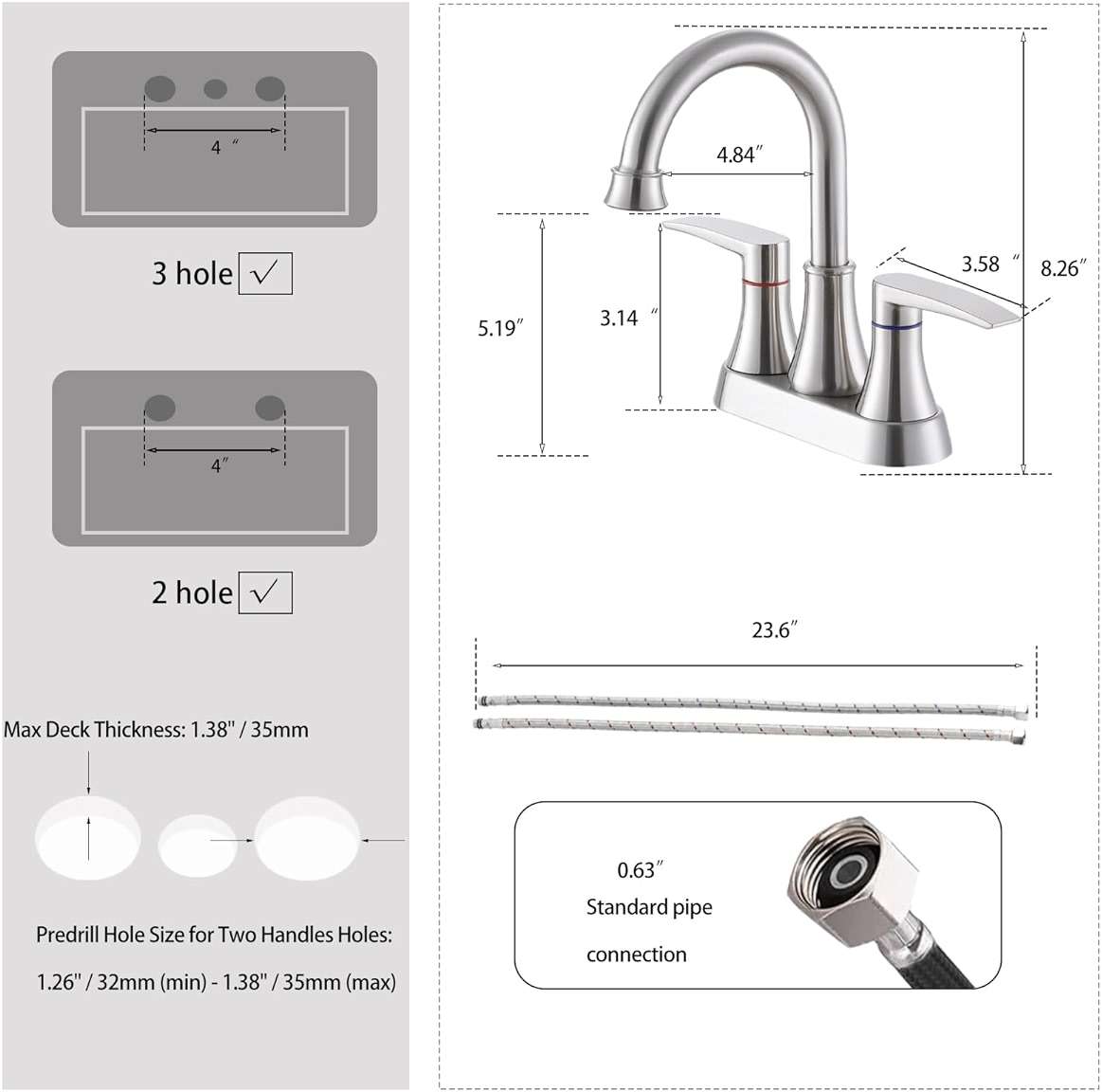 Brushed Nickel Bathroom Faucet, 2-Handle Lead-Free 360° Swivel High-Arc Spout 4 Inch Centerset Bath Lavatory Vanity Sink Faucets Set for Sinks with Drain & Water Hoses, VABM80008L - Image 3