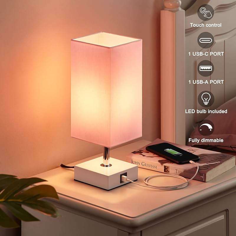 Ambimall Touch Control Table Lamp with 2 USB Charging Ports, 3 Way Touch Lamps Beside Desk, Nightstand Lamp for Bedrooms Living Room, Pink Shade with White Base, LED Bulb Included(Pink) - Image 3