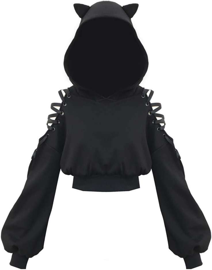 YEMOCILE Women Hoodies Long Sleeve Cute Ear Cat Off Shoulder Crop Top Pullover Sweatshirt - Image 1
