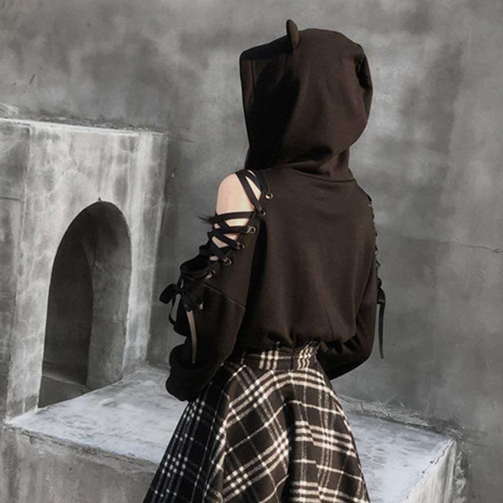 YEMOCILE Women Hoodies Long Sleeve Cute Ear Cat Off Shoulder Crop Top Pullover Sweatshirt - Image 4