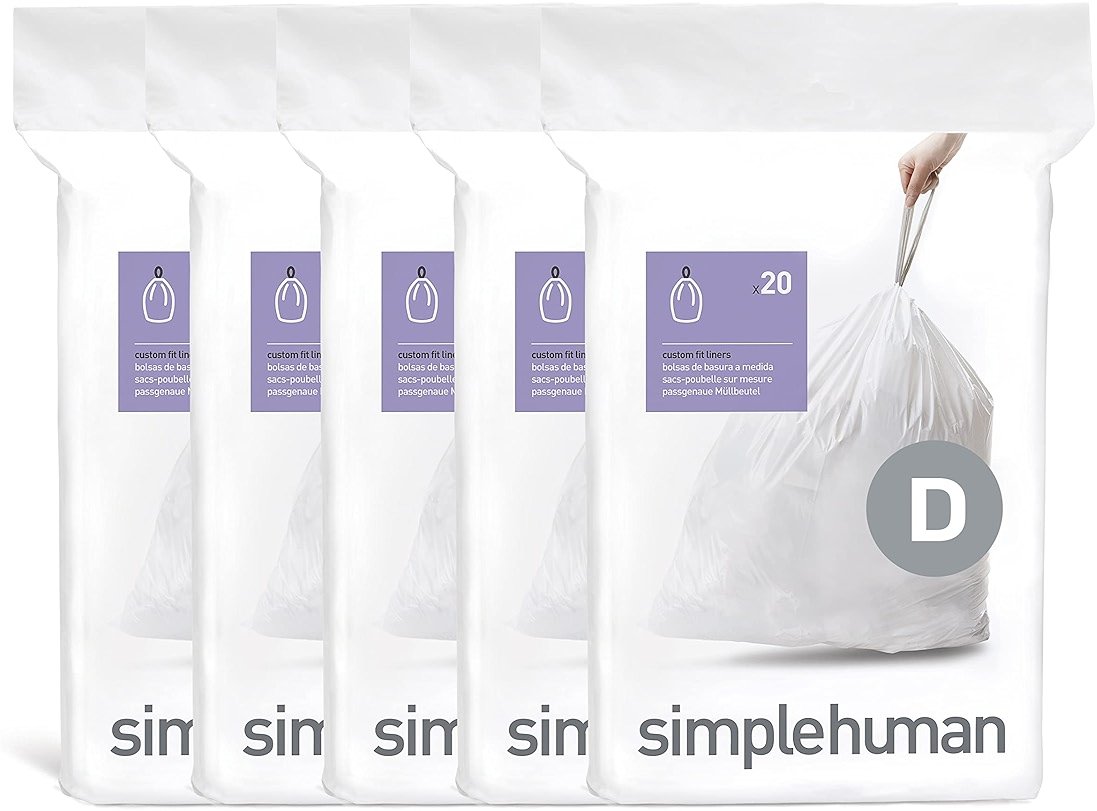 simplehuman Code D 100 Count Custom Fit Liners, Drawstring Kitchen Trash Bags, One-by-One Mess-Free Dispense, Extra Thick & Double Seamed, 50% PCR Plastic, 20 Liter / 5.3 Gallon, White - Product Image