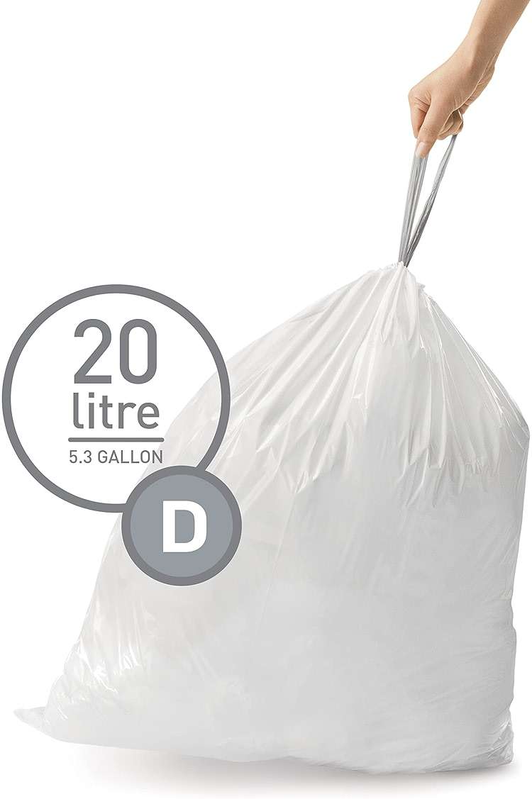 simplehuman Code D 100 Count Custom Fit Liners, Drawstring Kitchen Trash Bags, One-by-One Mess-Free Dispense, Extra Thick & Double Seamed, 50% PCR Plastic, 20 Liter / 5.3 Gallon, White - Image 2