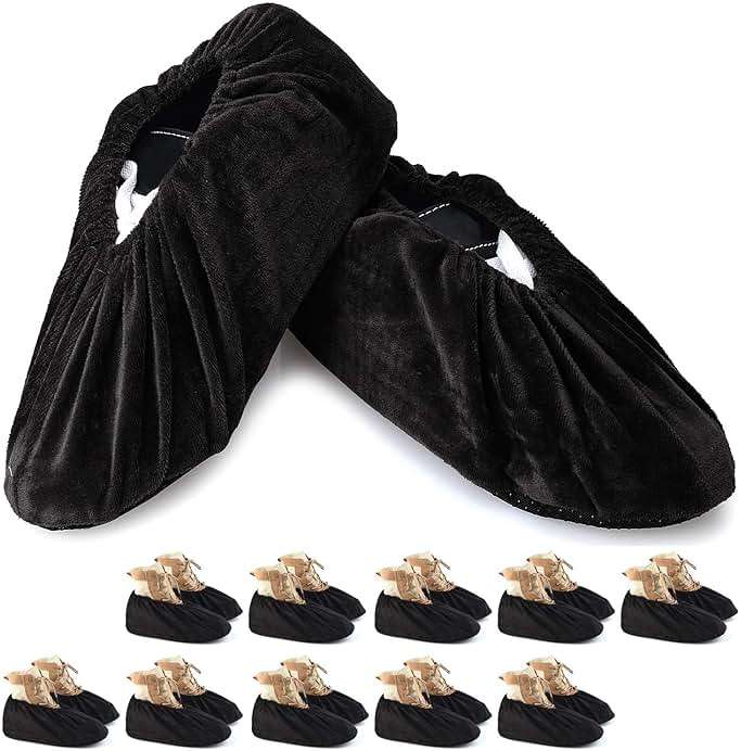 PlasMaller 10 Pairs Black Non Slip Washable Reusable Shoe Covers For Household Thickened Boot Covers, L - Image 1
