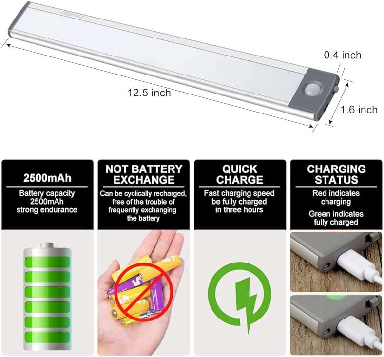 LED Motion Sensor Light,Under Counter Lighting, Wireless USB Rechargeable Kitchen Night Lights,Battery Powered Operated Light,54-LED Light for Wardrobe,Closets,Cabinet,Cupboard, 2 Count (Pack of 1) - Image 2