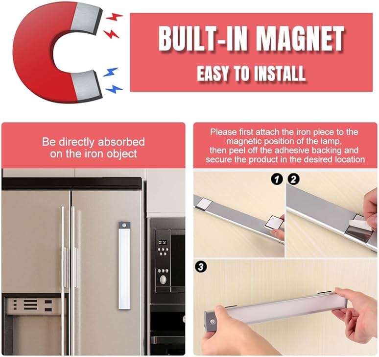 LED Motion Sensor Light,Under Counter Lighting, Wireless USB Rechargeable Kitchen Night Lights,Battery Powered Operated Light,54-LED Light for Wardrobe,Closets,Cabinet,Cupboard, 2 Count (Pack of 1) - Image 4