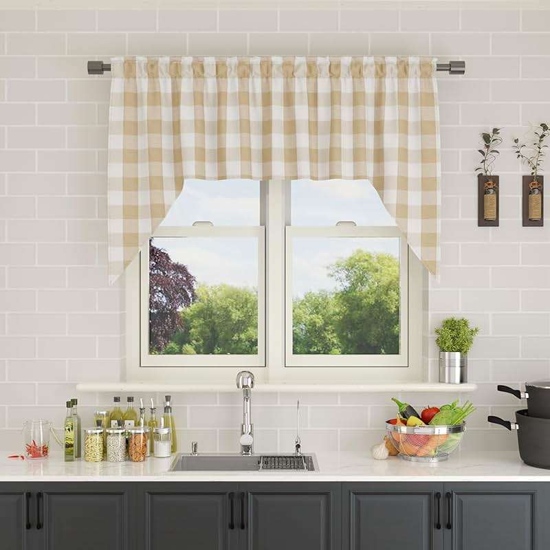 NATUS WEAVER Curtain Swags for Widnows 1 Panel Classic Buffalo Check Swag Country Farmhouse Kitchen Window Curtain - Beige & White, W 54" x L 36" with a 16" Center Drop - Image 7