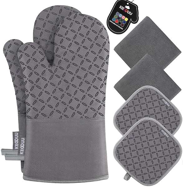 KEGOUU Oven Mitts and Pot Holders 6pcs Set, Kitchen Oven Glove High Heat Resistant 500 Degree Extra Long Oven Mitts and Potholder with Non-Slip Silicone Surface for Cooking (Grey) - Image 1