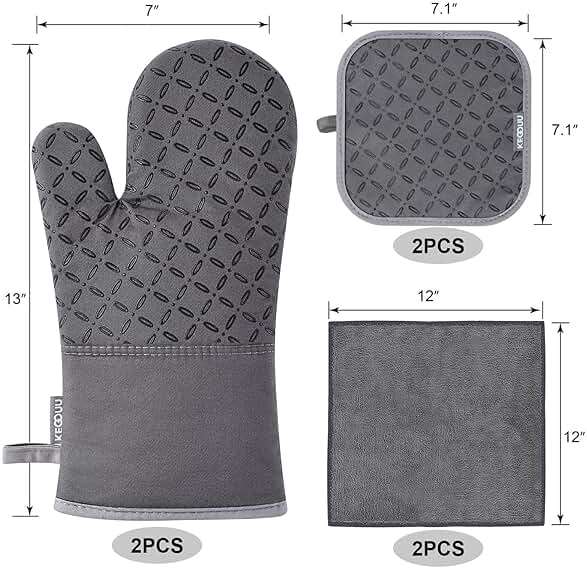 KEGOUU Oven Mitts and Pot Holders 6pcs Set, Kitchen Oven Glove High Heat Resistant 500 Degree Extra Long Oven Mitts and Potholder with Non-Slip Silicone Surface for Cooking (Grey) - Image 3