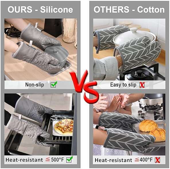 KEGOUU Oven Mitts and Pot Holders 6pcs Set, Kitchen Oven Glove High Heat Resistant 500 Degree Extra Long Oven Mitts and Potholder with Non-Slip Silicone Surface for Cooking (Grey) - Image 5