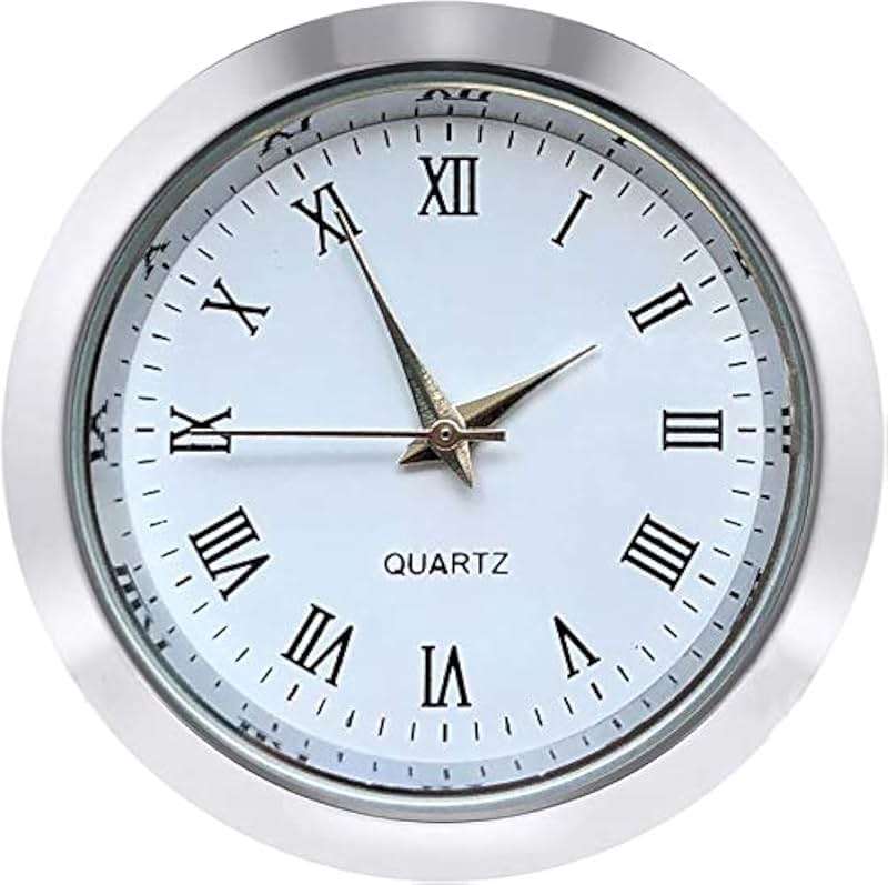 HILLHOME Mini Clock Insert 1-1/2 Inch (37 mm) Round Quartz Movement Miniature Clock White Face Silver Tone Bezel Roman Numerals Fit 35 mm Diameter Hole - Image 1
