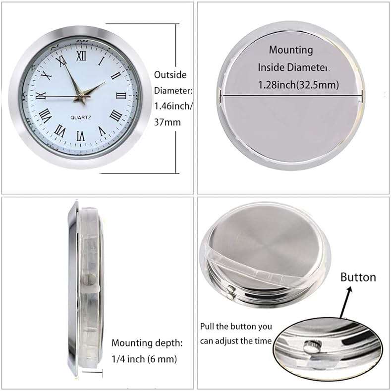 HILLHOME Mini Clock Insert 1-1/2 Inch (37 mm) Round Quartz Movement Miniature Clock White Face Silver Tone Bezel Roman Numerals Fit 35 mm Diameter Hole - Image 4