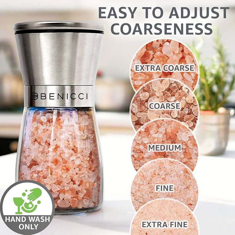 Stainless Steel Salt and Pepper Grinder Set of 2 (5oz) – Manual Adjustable Ceramic Mills – Grinders with 5 Coarseness Levels – Refillable Glass Shakers, No Batteries – Includes Spoon & Brush - Image 3