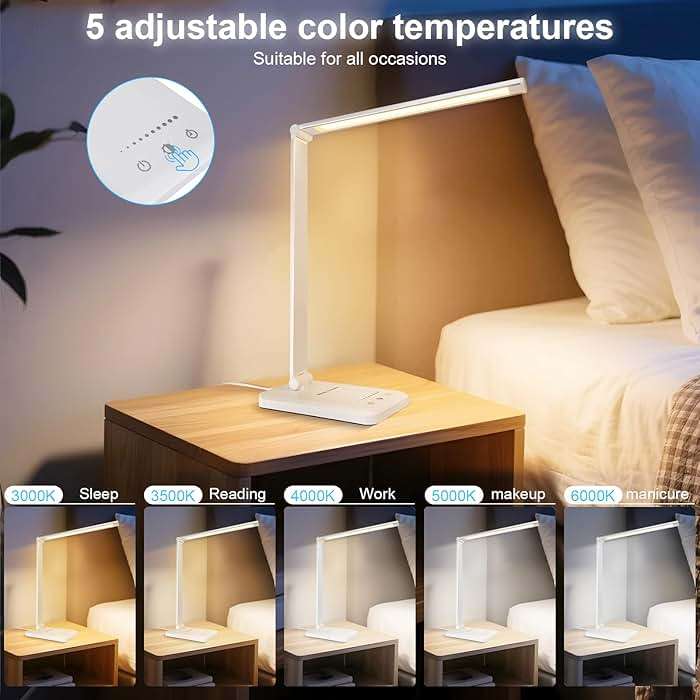 White crown LED Desk Lamp Dimmable Table Lamp Reading Lamp with USB Charging Port, 5 Lighting Modes, Sensitive Control, 30/60 Minutes Timer (White, First-Generation) - Image 5