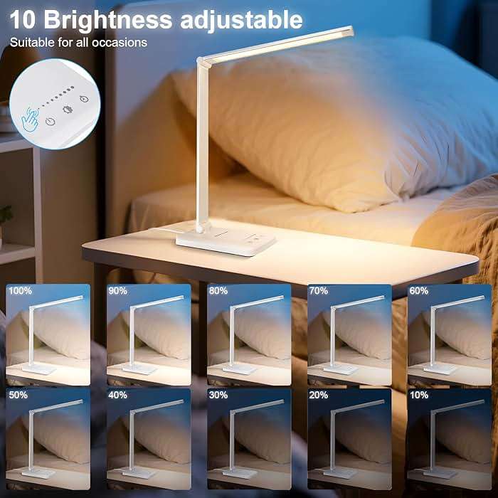 White crown LED Desk Lamp Dimmable Table Lamp Reading Lamp with USB Charging Port, 5 Lighting Modes, Sensitive Control, 30/60 Minutes Timer (White, First-Generation) - Image 8