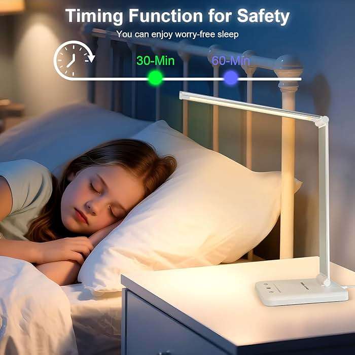White crown LED Desk Lamp Dimmable Table Lamp Reading Lamp with USB Charging Port, 5 Lighting Modes, Sensitive Control, 30/60 Minutes Timer (White, First-Generation) - Image 9