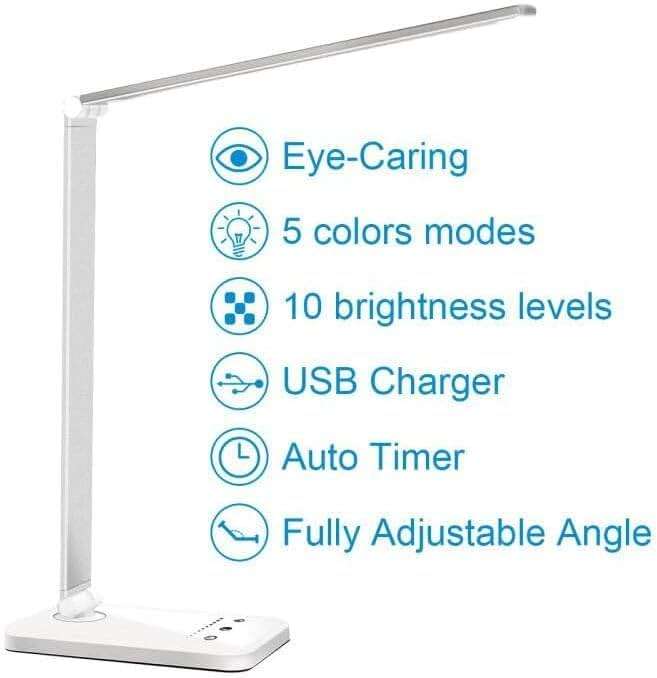 White crown LED Desk Lamp Dimmable Table Lamp Reading Lamp with USB Charging Port, 5 Lighting Modes, Sensitive Control, 30/60 Minutes Timer (White, First-Generation) - Image 11