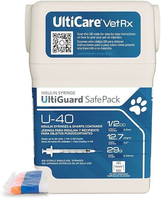 UltiCare VetRx U-40 UltiGuard Safe Pack Pet Insulin Syringes 1/2cc, 29G x 1/2", 100 ct (With 1/2 Unit Markings) - Image 1