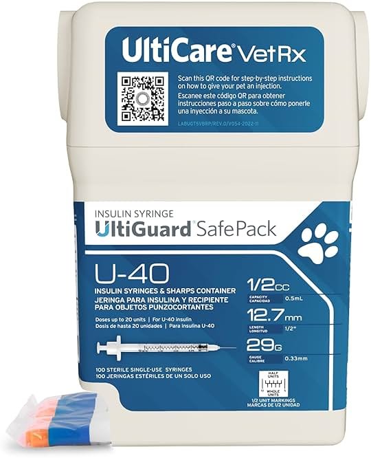 UltiCare VetRx U-40 UltiGuard Safe Pack Pet Insulin Syringes 1/2cc, 29G x 1/2", 100 ct (With 1/2 Unit Markings) - Product Image