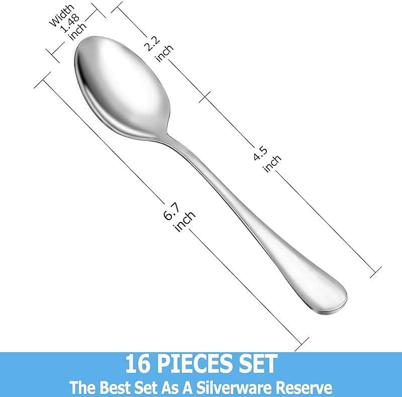Teaspoon Set,16 Piece 6.7" Spoons Silverware, Premium Food Grade Stainless Steel Tea Spoons, Durable Small Spoon, Good Teaspoons, Kitchen Dessert Spoon Set, Mirror Finish & Dishwasher Safe - Image 2